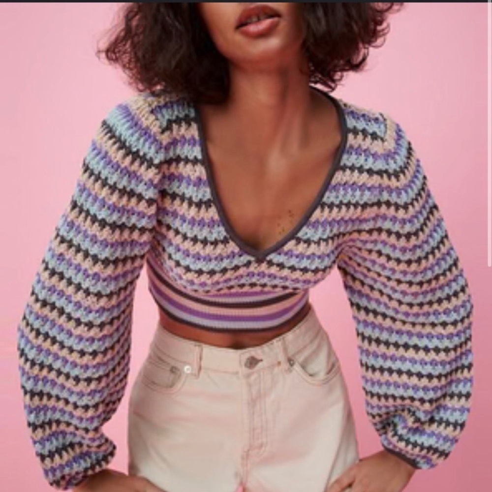 Zara Geometric Stripped knitted crop sweater top L